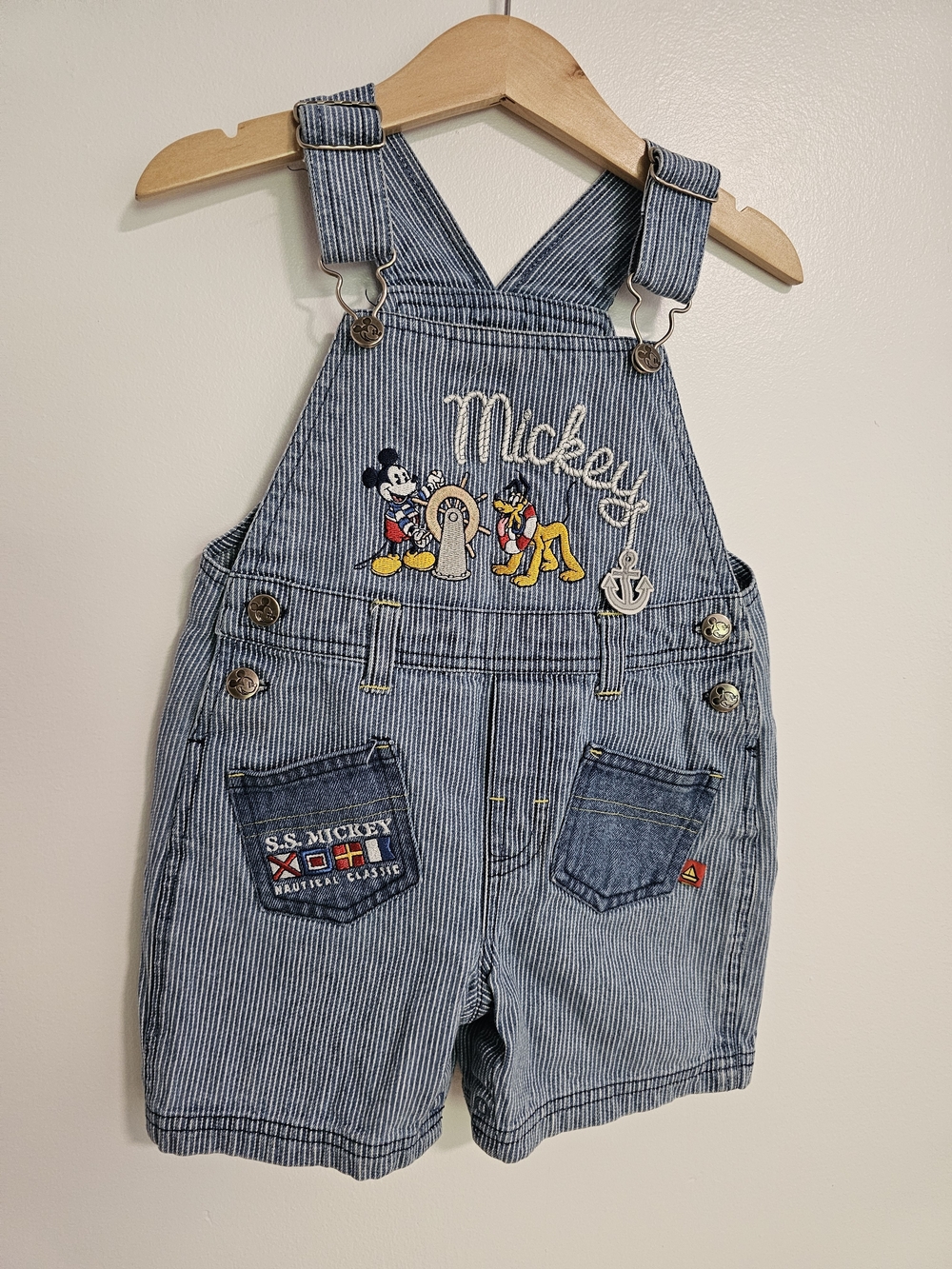 Disney Vintage Mickey Mouse Denim Overalls Striped Romper Baby 24M Nautical
